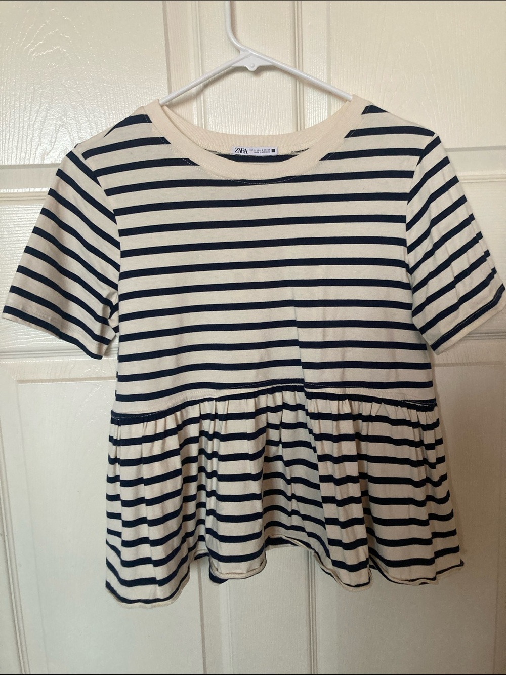 Zara Navy and Cream Striped Short Sleeve Peplum Tee